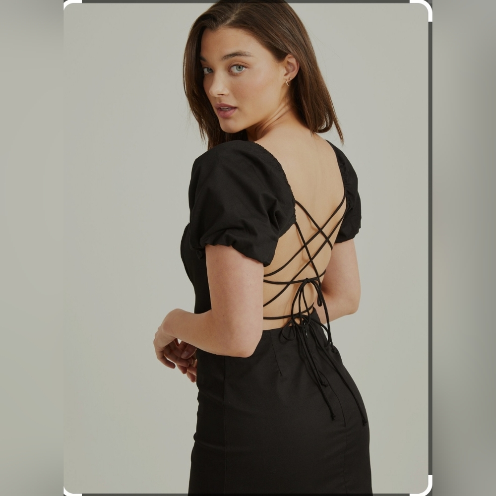 Puff Sleeve Black Mini Dress w/ Scrappy Adjustable Back, size Large